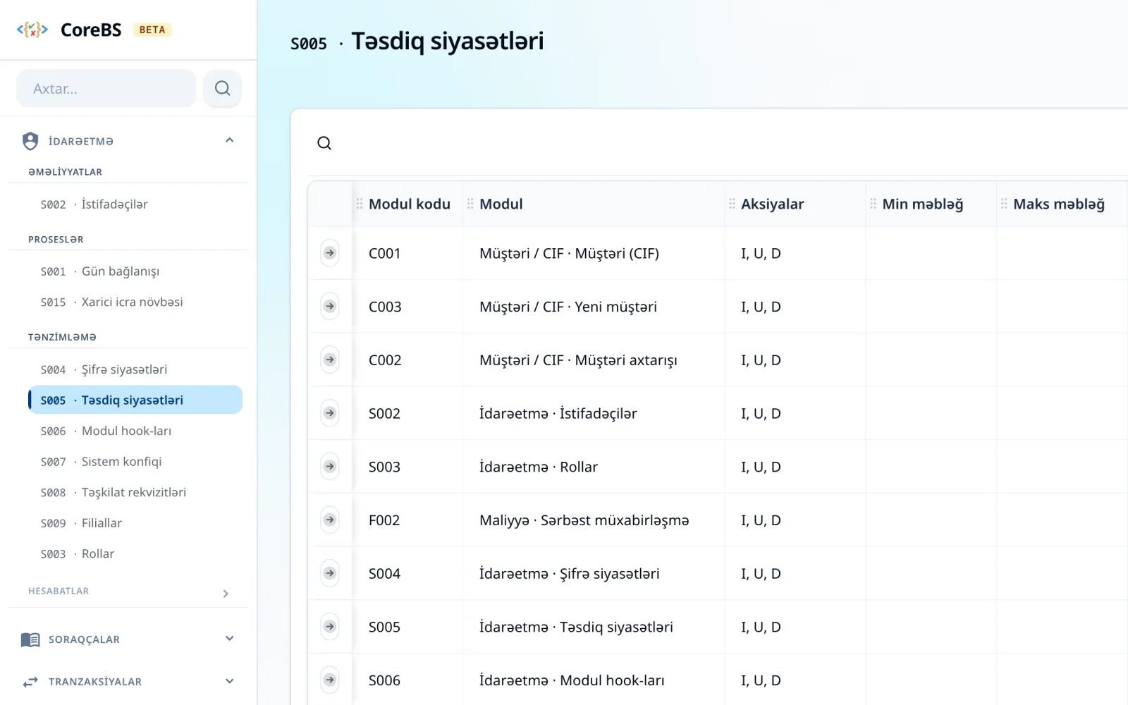 Təsdiq siyasətləri — CoreBS